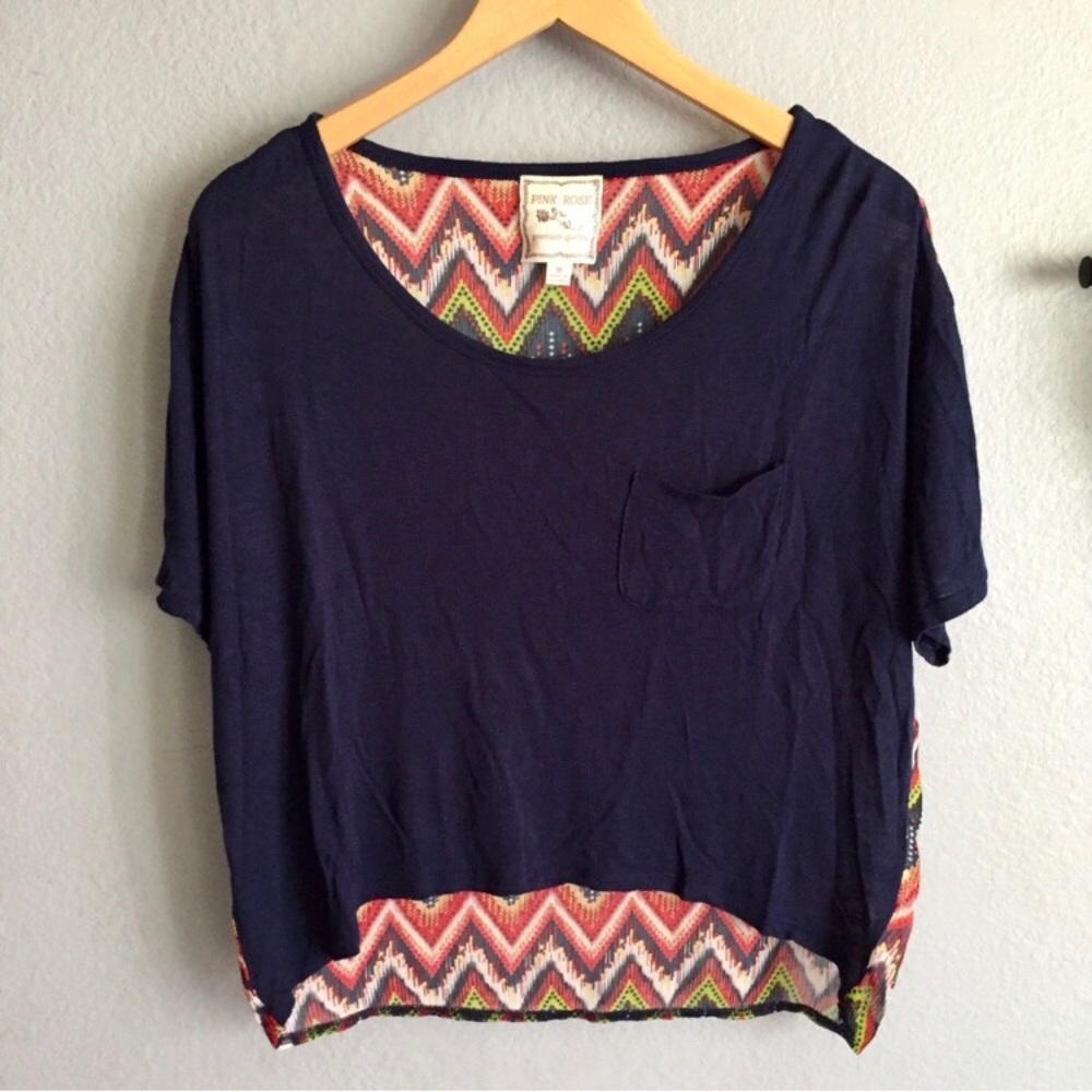Blue Pattern High Low Cropped Mixed Material Top